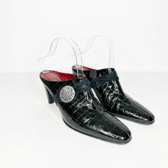 Brighton Romeo Mules Italian Black Patent Leather Kitten Heel Croc embossed 9.5 - Picture 1 of 7